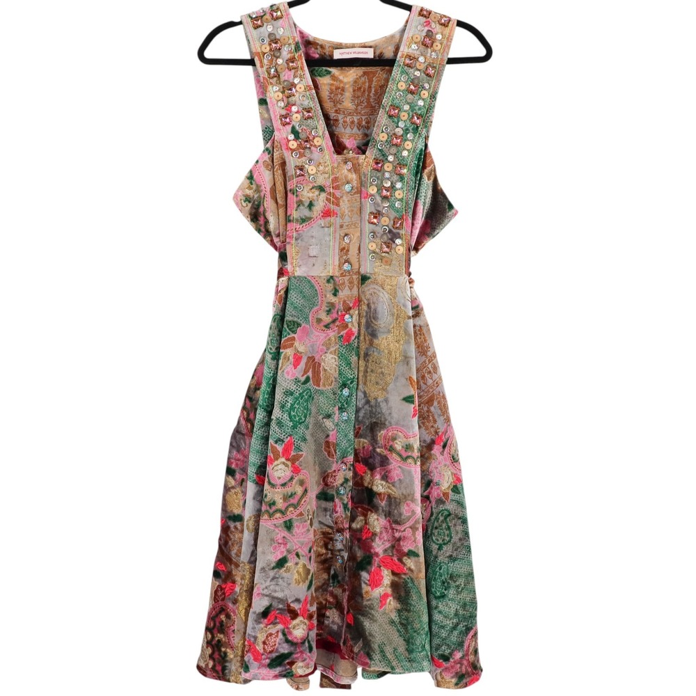 Matthew Williamson Silk Blend Embellished Velvet Dress Multicolor Paisley Sz 12